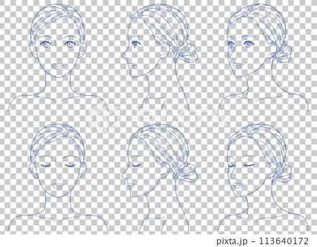 女性　正面　横顔　斜め　線画　加工用カラー 113640172