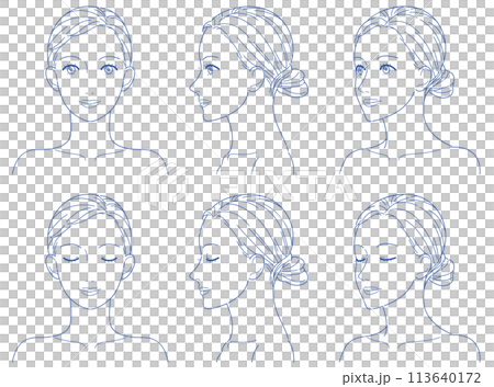 女性 正面 横顔 斜め 線画 加工用カラー 女性 正面 横顔 斜め 線画 加工用カラー 113640172