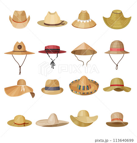 Straw headwear. Male and female panamas from sun cowboy and farmer hat various styles recent vector set 113640699