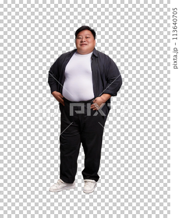 Full-length portrait of an overweight man with his hands on his hips 113640705