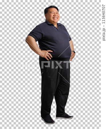 Full body image of a fat man with his hands on his hips 113640707