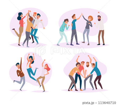 Business collaboration. Happy working group of businessmen exact vector team of managers celebrate victory 113640710