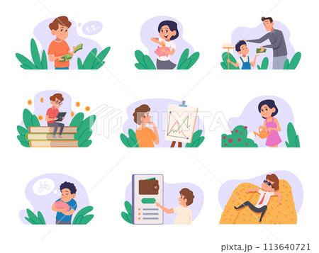 Financial for kids. Children education skills about save money exact vector pictures set in cartoon style Financial for kids. Children education skills about save money exact vector pictures set in cartoon style 113640721