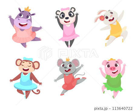 Ballet animals. Cartoon funny animals dancing in fashioned ballerinas clothes exact vector illustrations set 113640722