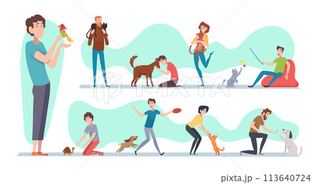 Domestic pets. Animals owners playing and hugging exact vector illustrations set 113640724