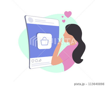 Social Selling - Mobile Commerce Online Shopping concept. Digital marketing and commerce through social networks. Cute girl scrolls social media for easy shopping on smartphone. Vector illustration 113640898