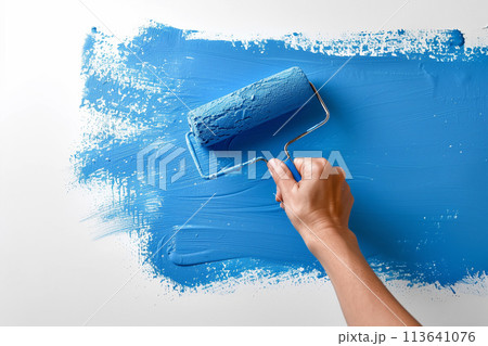 Person Painting Wall With Blue Paint 113641076