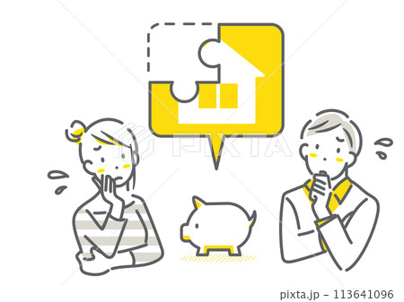 住宅購入資金に不安のある若い夫婦　シンプルでお洒落な線画イラスト 113641096