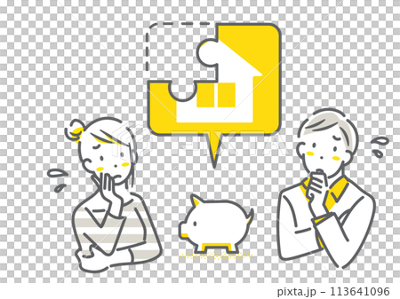 住宅購入資金に不安のある若い夫婦　シンプルでお洒落な線画イラスト 113641096