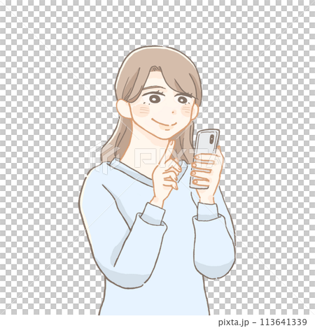 Side profile of a smiling woman operating a smartphone Side profile of a smiling woman operating a smartphone 113641339