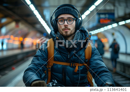 Man Riding Bike in Subway Station 113641401