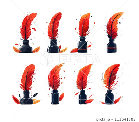 Quill pen ink well cartoon vector illustrations. Copywriter poems manuscripts writer poetry bright logos concepts isolated on white background 113641505
