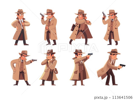 Private detective cartoon vector set. Agent coat hat gun different poses suspicious searching investigation thoughtful character, illustrations isolated on white background 113641506