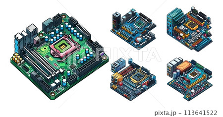 Pc motherboards isometric vector set. Semiconductor personal computer building microelectronics processor chip device components isolated on white background 113641522