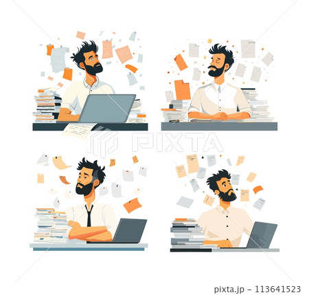 Overworked employee cartoon vector illustrations. Unorganized uncompleted office work stacks documents deadline tasks bearded man character, concepts isolated on white background 113641523