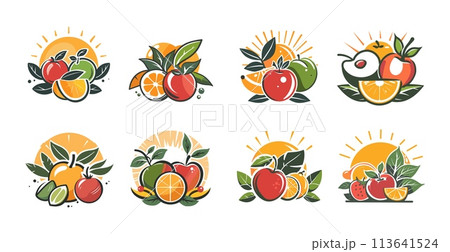 Organic products logo vector set. Vegetables fruit apple pear orange strawberry lemon healthy food icons isolated on white background 113641524