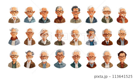 Older man avatars cartoon vector set. Elderly people beard mustache glasses shirts neck scarf accessories gray hair characters, illustration highlighted on white background 113641525