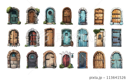 Old doors cartoon vector set. Wooden medieval metal hinges handle passages windows elements stone tiles gates castles towers fortresses dungeons entrances illustration isolated on white background 113641526