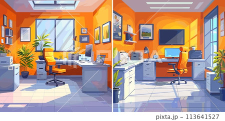 Office room cartoon concepts. Empty desk computer shelves working environment window armchair desktop lamp documents folders indoor plants interior, splendid vector illustrations 113641527