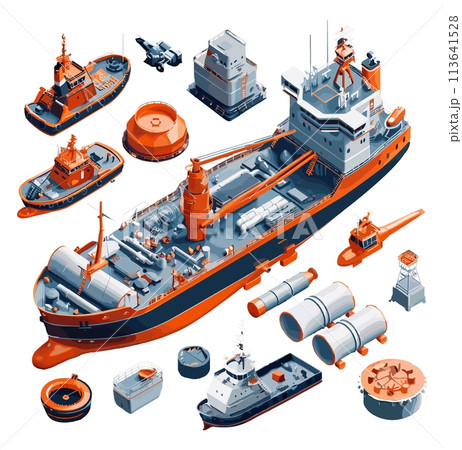 Ocean deep drilling gear isometric vector set. Ship tanker oil gas tug pipe underwater extraction equipment isolated on white background 113641528