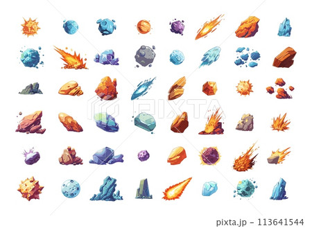 Meteorites asteroids cartoon vector set. Comets stones rocks crystals celestial bodies space atmospheric alien planets fragments, illustrations isolated on white background 113641544