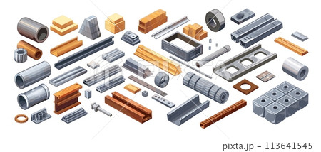 Metal products isometric vector set. Round square sheets steel pipes rails profiles heavy cast industrial objects isolated on white background 113641545