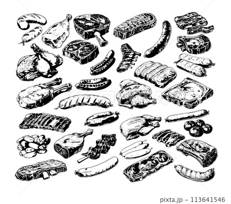 Meat products ink sketch vector set. Sausages ribs bacon steaks beef pork lamb food, illustration isolated on white background 113641546