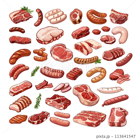 Meat products cartoon vector set. Steaks beef lamb pork ribs sausages bacon parts food pieces, illustration isolated on white background 113641547