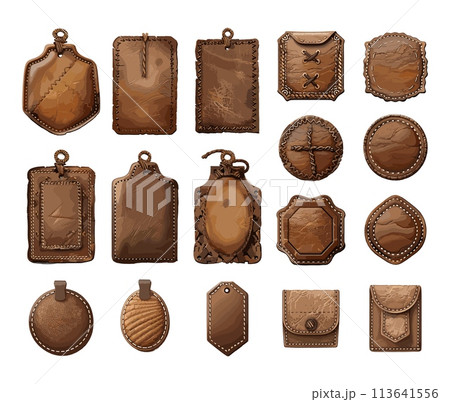Leather patches cartoon vector set. Wallet keychain stitched badge label card holder handmade products illustrations isolated on white background 113641556