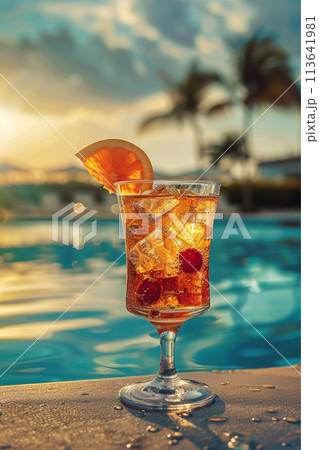 Cocktail glasses at pool, beach side 113641981