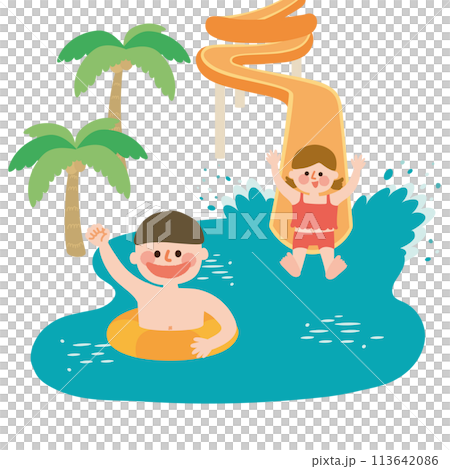 Illustration of kids playing on a water slide 113642086