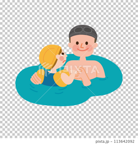 Illustration of a baby who is afraid of water and his teacher 113642092