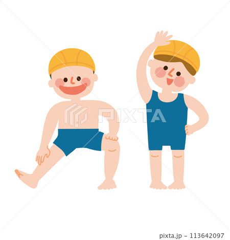 水着で準備体操をする子供たちのイラスト 水着で準備体操をする子供たちのイラスト 113642097