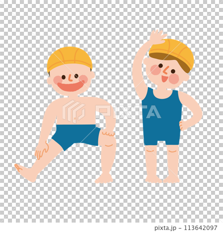 水着で準備体操をする子供たちのイラスト 水着で準備体操をする子供たちのイラスト 113642097