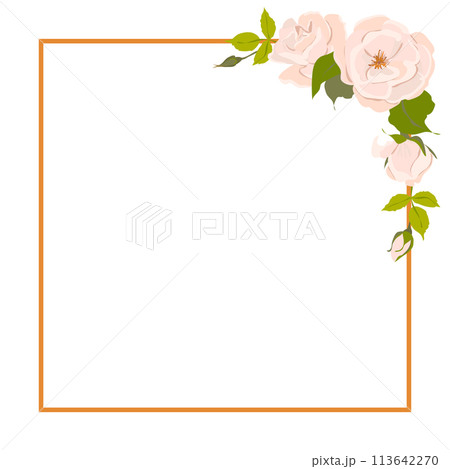 Square frame with roses. Wedding invitation with delicate pink flowers. Retro greeting card template for Mother's Day or March 8th in pastel colors. Flat cartoon style. Square frame with roses. Wedding invitation with delicate pink flowers. Retro greeting card template for Mother's Day or March 8th in pastel colors. Flat cartoon style. 113642270