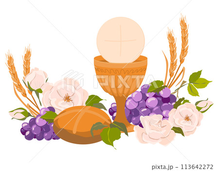Composition of Christian symbols, attributes of the first communion. Golden bowl for wine, bread, wine, grapes, white roses in flat style. Design elements for an invitation to the Holy Eucharist. 113642272
