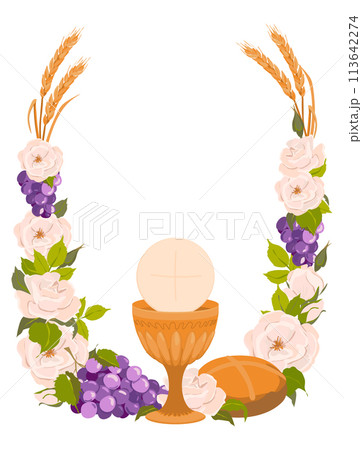 Composition of Christian symbols, attributes of the first communion. Golden bowl for wine, bread, wine, grapes, white roses in flat style. Design elements for an invitation to the Holy Eucharist. 113642274
