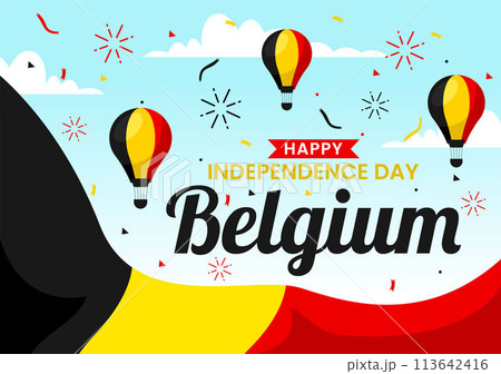 Happy Belgium Independence Day Vector Illustration on July 21 with Waving Flag and Ribbon in National Holiday Flat Cartoon Background Design 113642416