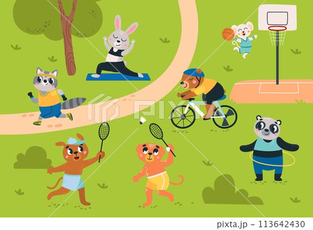 Animal outdoor training. Cute animals doing different exercises, bicycle riding and play basketball. Seasonal rest in park or nature, classy vector scene Animal outdoor training. Cute animals doing different exercises, bicycle riding and play basketball. Seasonal rest in park or nature, classy vector scene 113642430