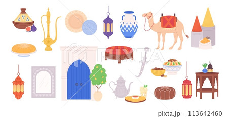 Moroccan elements. Arabian accessories, crockery, pots and lights. Decorative east lamps, ornamental plates, furniture and camel, racy vector set 113642460