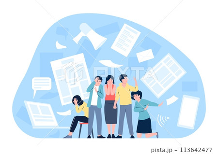 Info noise concept. Fake news and information. Stop disinformation, spam and advertising. People group in horrible, cover ears, recent vector scene 113642477