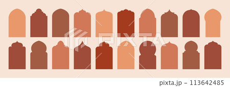 Arab Arch and Islam Door Shapes Set. Ramadan Windows Frames. Vector Elements In Minimal Boho Style 113642485