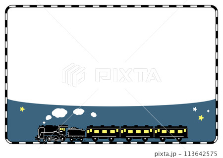 パターンブラシで描いた線路のフレームとおもちゃ風のSL C62のシルエットデザイン パターンブラシで描いた線路のフレームとおもちゃ風のSL C62のシルエットデザイン 113642575