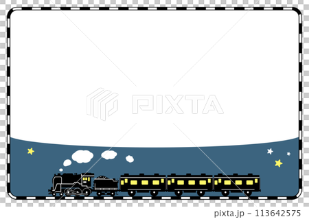 パターンブラシで描いた線路のフレームとおもちゃ風のSL C62のシルエットデザイン パターンブラシで描いた線路のフレームとおもちゃ風のSL C62のシルエットデザイン 113642575