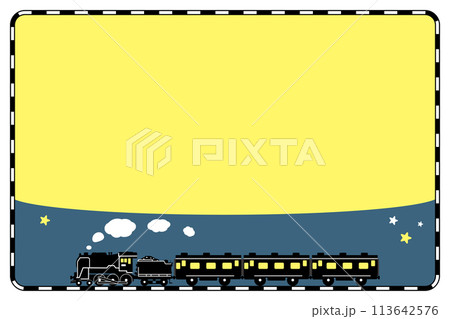 パターンブラシで描いた線路のフレームとおもちゃ風のSL C62のシルエットデザイン 113642576