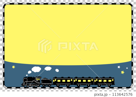 パターンブラシで描いた線路のフレームとおもちゃ風のSL C62のシルエットデザイン 113642576