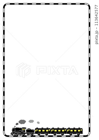パターンブラシで描いた線路のフレームとおもちゃ風のSL C62のシルエットデザイン 縦 パターンブラシで描いた線路のフレームとおもちゃ風のSL C62のシルエットデザイン 縦 113642577