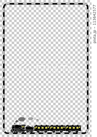パターンブラシで描いた線路のフレームとおもちゃ風のSL C62のシルエットデザイン 縦 パターンブラシで描いた線路のフレームとおもちゃ風のSL C62のシルエットデザイン 縦 113642577