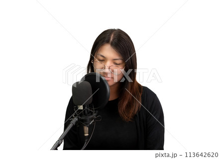Woman (LGBTQ) singer sing a song with microphone 113642620