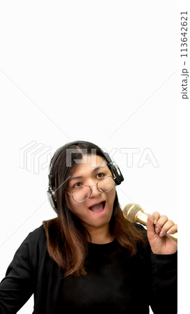 Woman (LGBTQ) singer sing a song with microphone 113642621